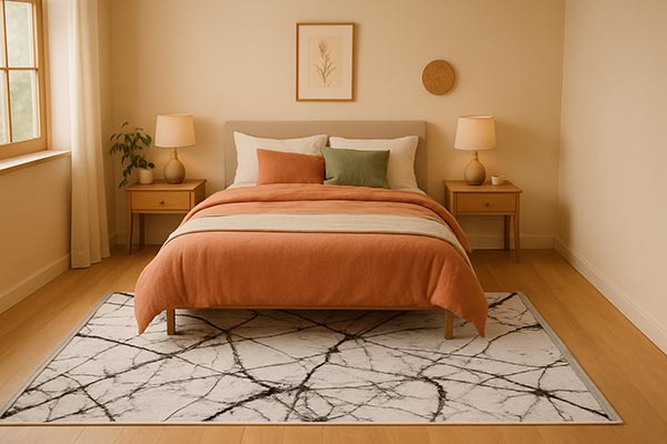 Comment bien choisir un tapis en laine et soie pour son intérieur ? Chambre cosy décorée avec un tapis en laine et soie