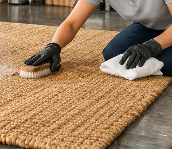 Nettoyage de tapis en jute avec produit absorbant