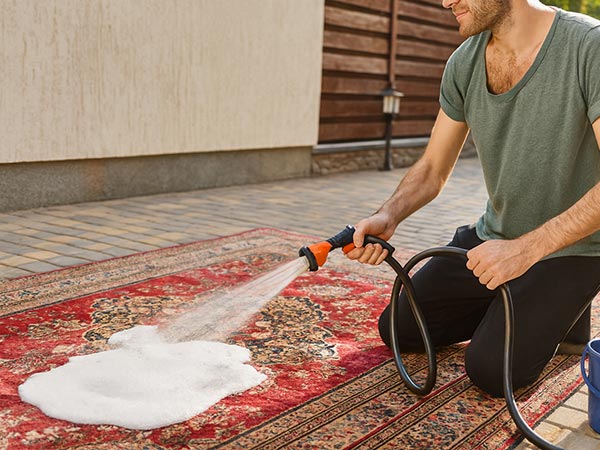 Laver un tapis à grande eau : bonne idée ou erreur fatale ? Personne en train de laver un tapis à grande eau