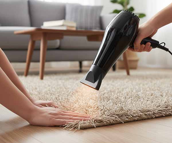 Redresser les bords d’un tapis avec un sèche-cheveux