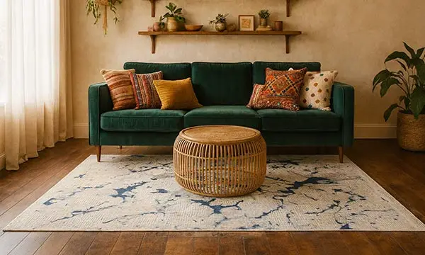 Comment bien choisir un tapis en laine et soie pour son intérieur ? Salon animé avec tapis en laine et soie