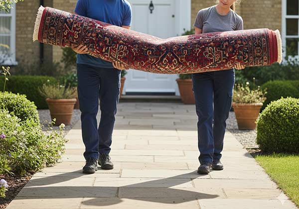Transport d'un grand tapis avant son nettoyage