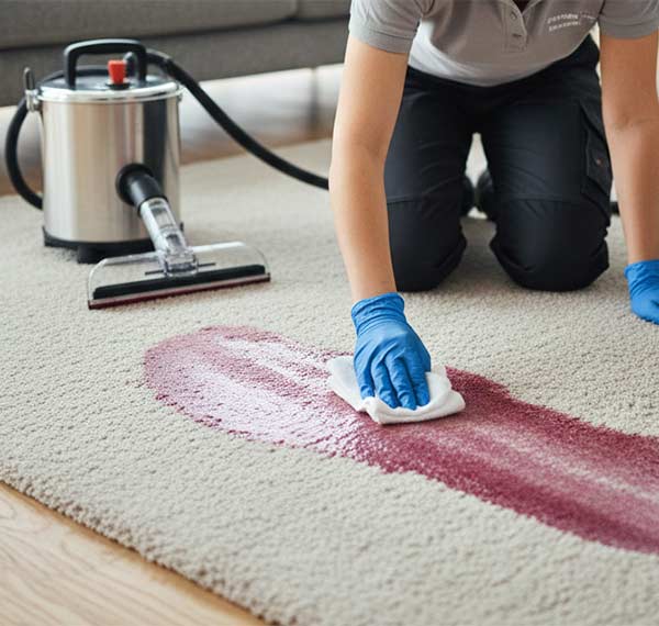 Un pro qui nettoie une tache de jus sur un tapis
