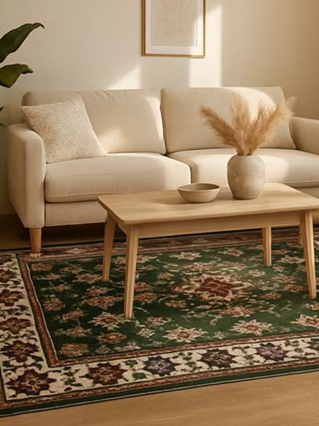 Décoration de salon avec un tapis d’Orient vert
