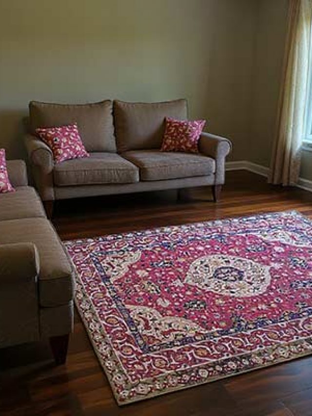 Salon décoré avec un tapis d’Orient rose